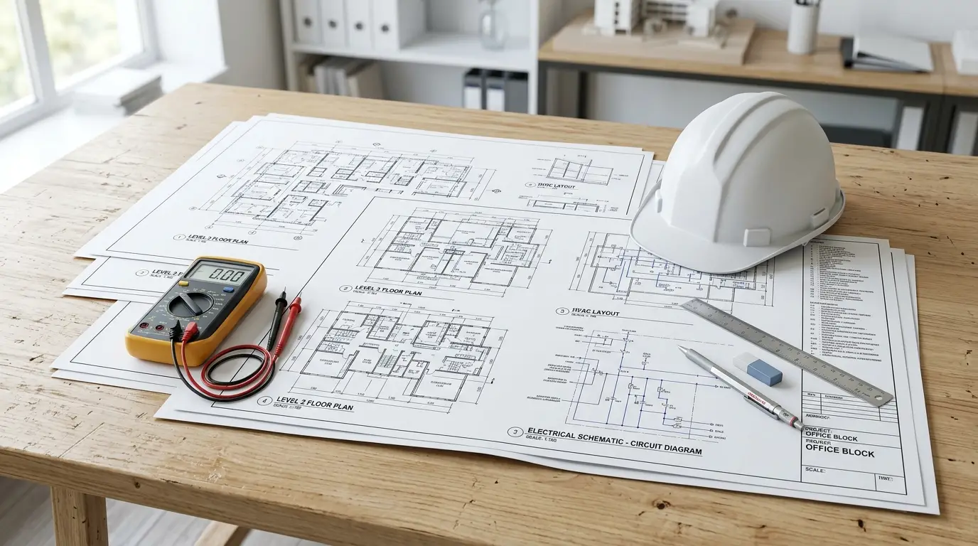 Planos de ingeniería eléctrica y equipo de medición sobre una mesa de trabajo en una oficina técnica.