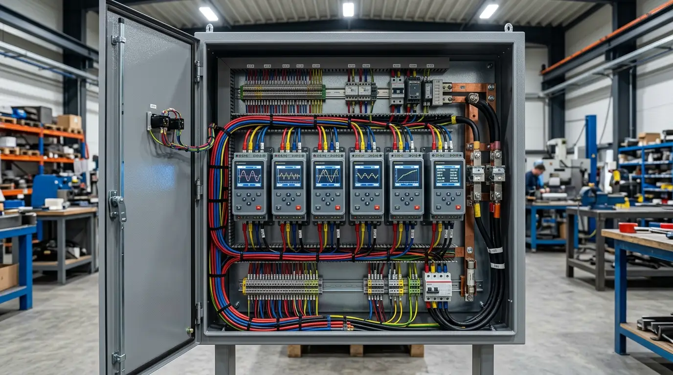 Tablero de sincronismo industrial con controladores digitales activos y cableado estructurado para sistemas en paralelo.