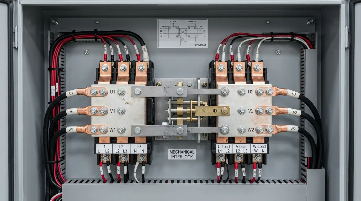 Mecanismo de conmutación de un tablero de transferencia automática industrial con barras de cobre aisladas.