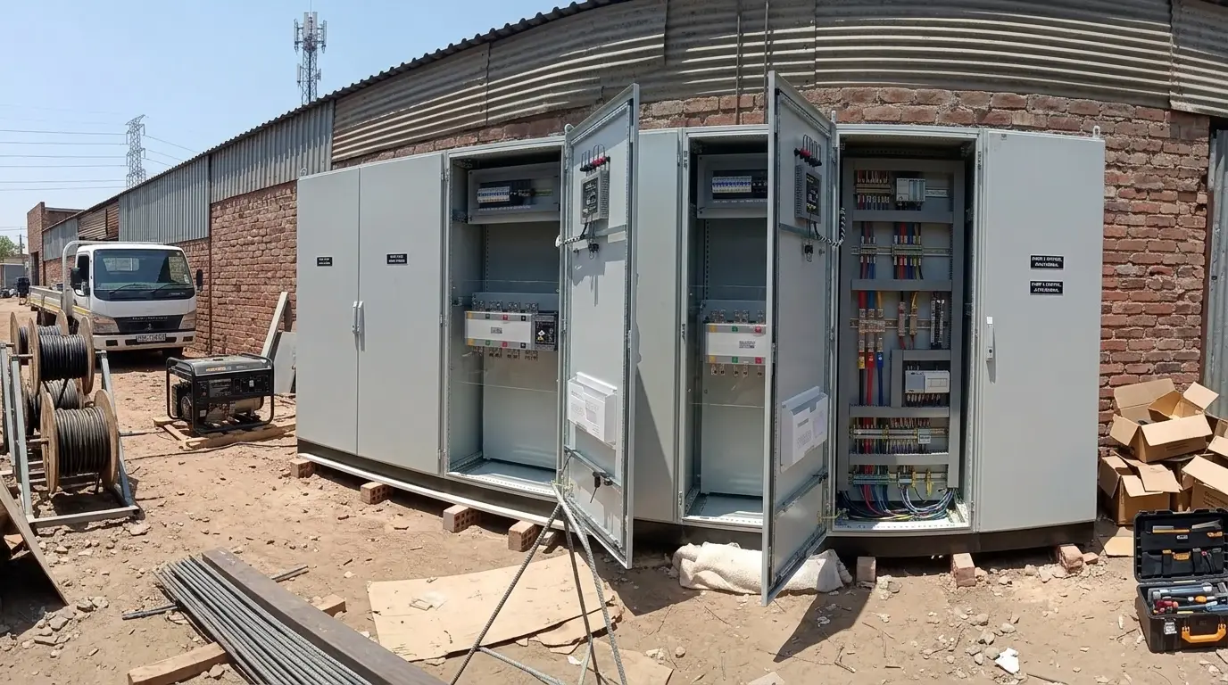 Tableros de transferencia automática de 800 A y 1250 A fabricados para sistemas de respaldo con grupos electrógenos de 350 kW.
