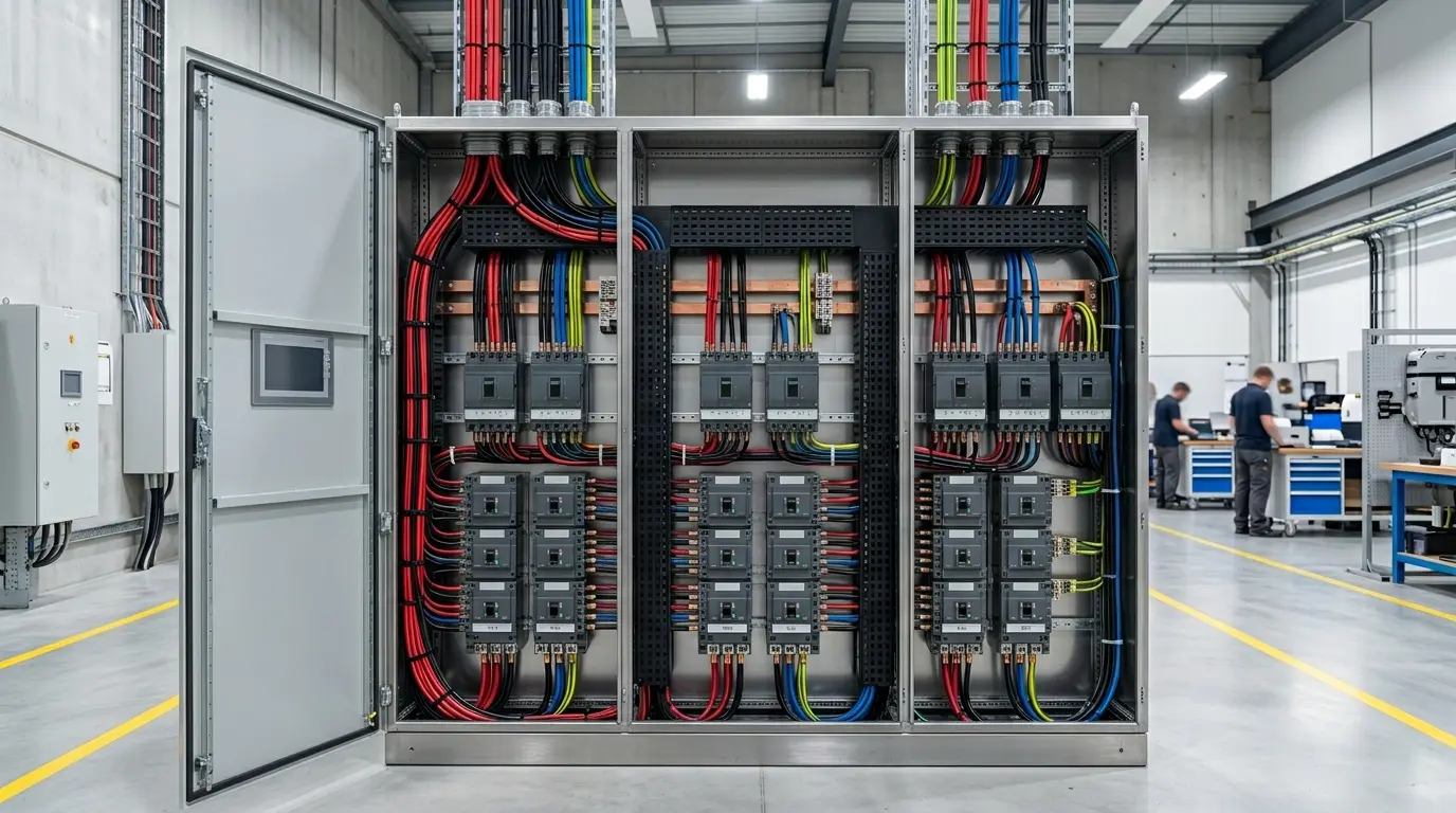 Tablero de distribución eléctrica industrial con interruptores termomagnéticos y de caja moldeada para protección de circuitos.