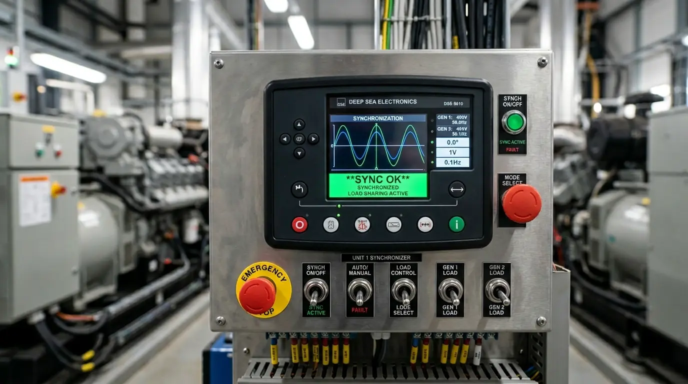 Ingenieros electromecánicos realizando pruebas de sincronismo y paralelismo en grupos electrógenos industriales.