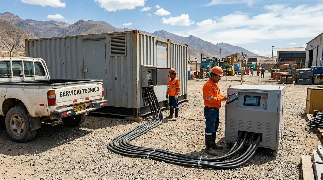 Técnicos electromecánicos reparando una falla crítica en un motor diésel de un grupo electrógeno industrial.