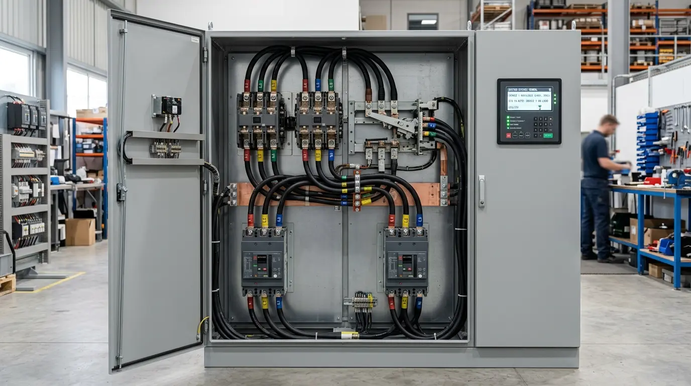 Tablero de transferencia automática industrial con contactores e interruptores motorizados para conmutación de energía de respaldo.