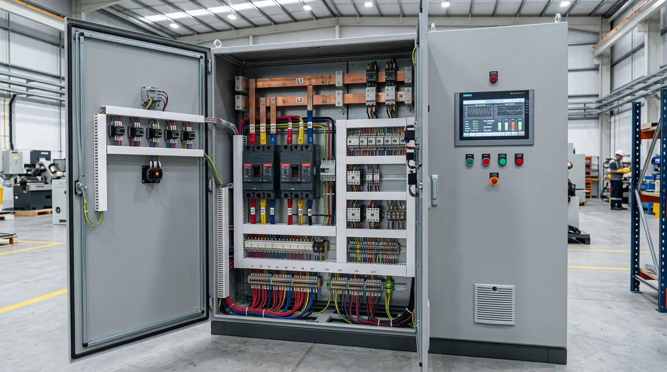 Proceso de ensamblaje y cableado de un tablero de sincronismo industrial para control de energía en paralelo.