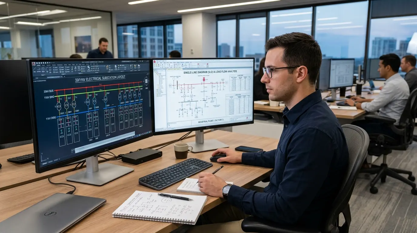 Ingeniero utilizando un analizador de redes eléctricas para evaluar la demanda de carga en una planta industrial.